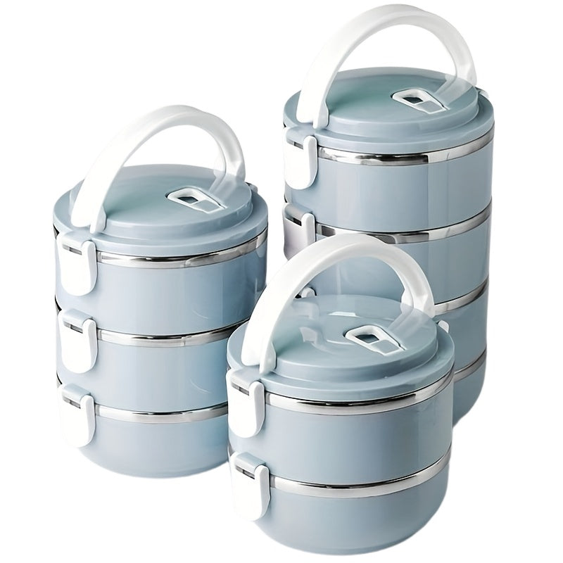 Set of Lunch Boxes Made of Stainless Steel - Class 1 Insulated Bento Container with a Lid, Designed for Hand Washing, Cylindrical Shape, Manually Operated, Ideal for Use at The Office, School, Camping, Picnics, Or in a Kitchen Locker (47.34oz)
