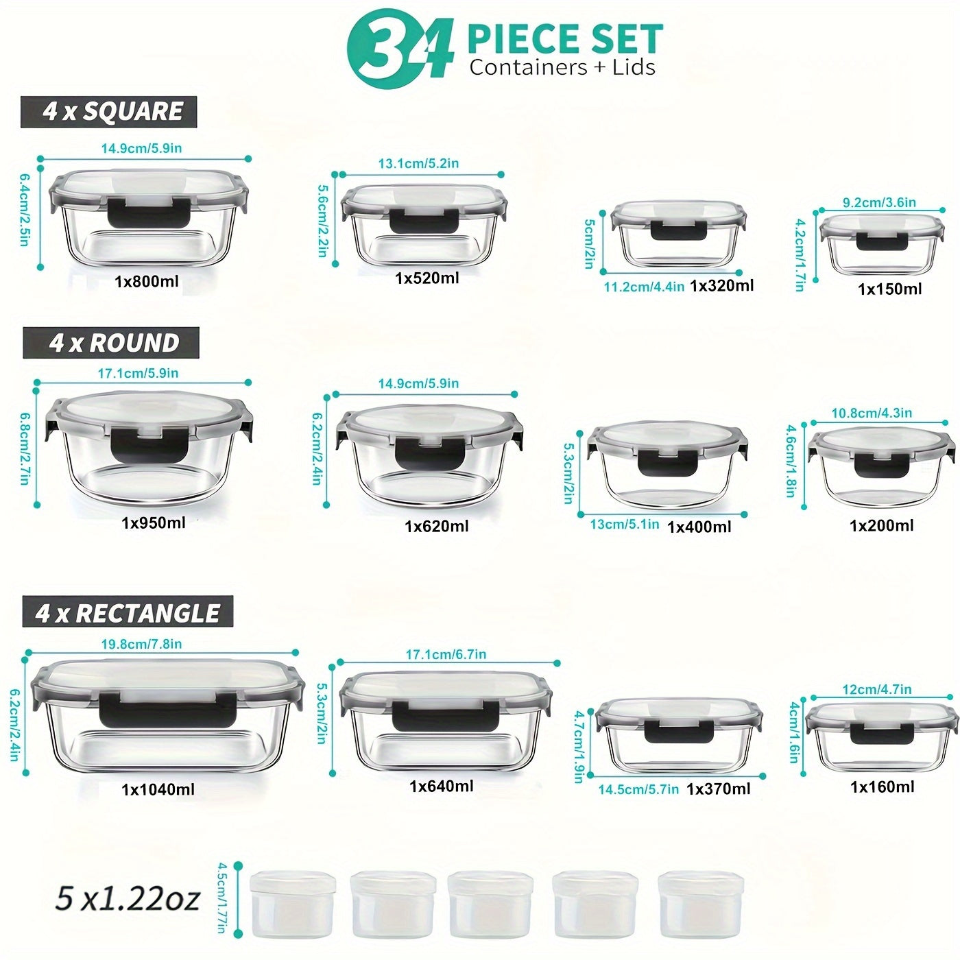 A 34pcs Collection of Glass Food Storage Containers Complete with Lids, Featuring Airtight Meal Prep Options (17 Containers And 17 Lids), Designed to Be Leak-Proof, Bpa-Free, And Safe for Use in The Microwave, Oven, Freezer, And Dishwasher