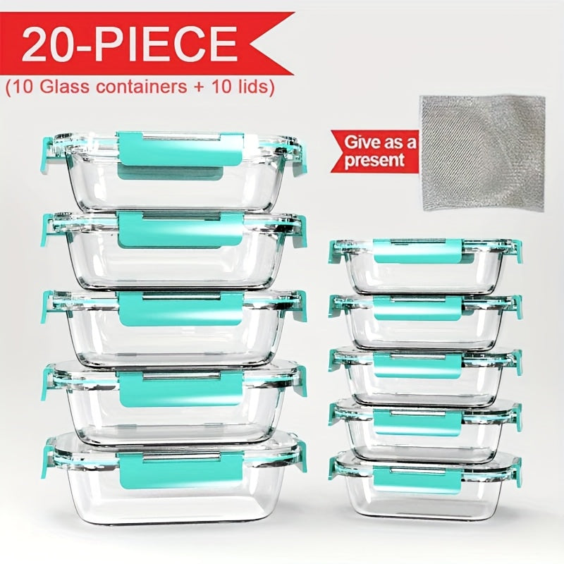Stackable 20pcs Glass Food Container (10 Lids + 10 Containers) - Multi-purpose Meal Prep And Pantry. with Airtight Lids, Oven, Microwave, Refrigerator And Dishwasher Safe. Durable, Space-saving Design Improves Heating Efficiency And Organization.