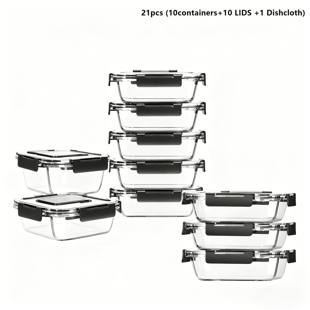 Set of 21pcs (10 Containers + 10 Lids + 1 Dishcloth) for Preparing Christmas Meals, Featuring Food Storage Containers with Snap-Lock Lids. These Sealed Lunch Containers Are Suitable for Microwave, Oven, Refrigerator, And Dishwasher Use