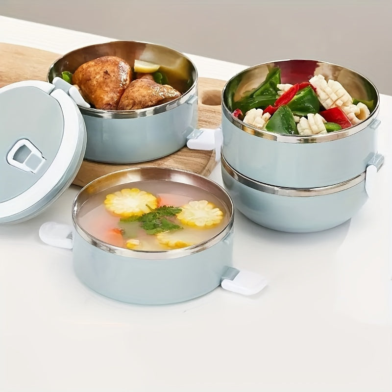 Set of Lunch Boxes Made of Stainless Steel - Class 1 Insulated Bento Container with a Lid, Designed for Hand Washing, Cylindrical Shape, Manually Operated, Ideal for Use at The Office, School, Camping, Picnics, Or in a Kitchen Locker (47.34oz)