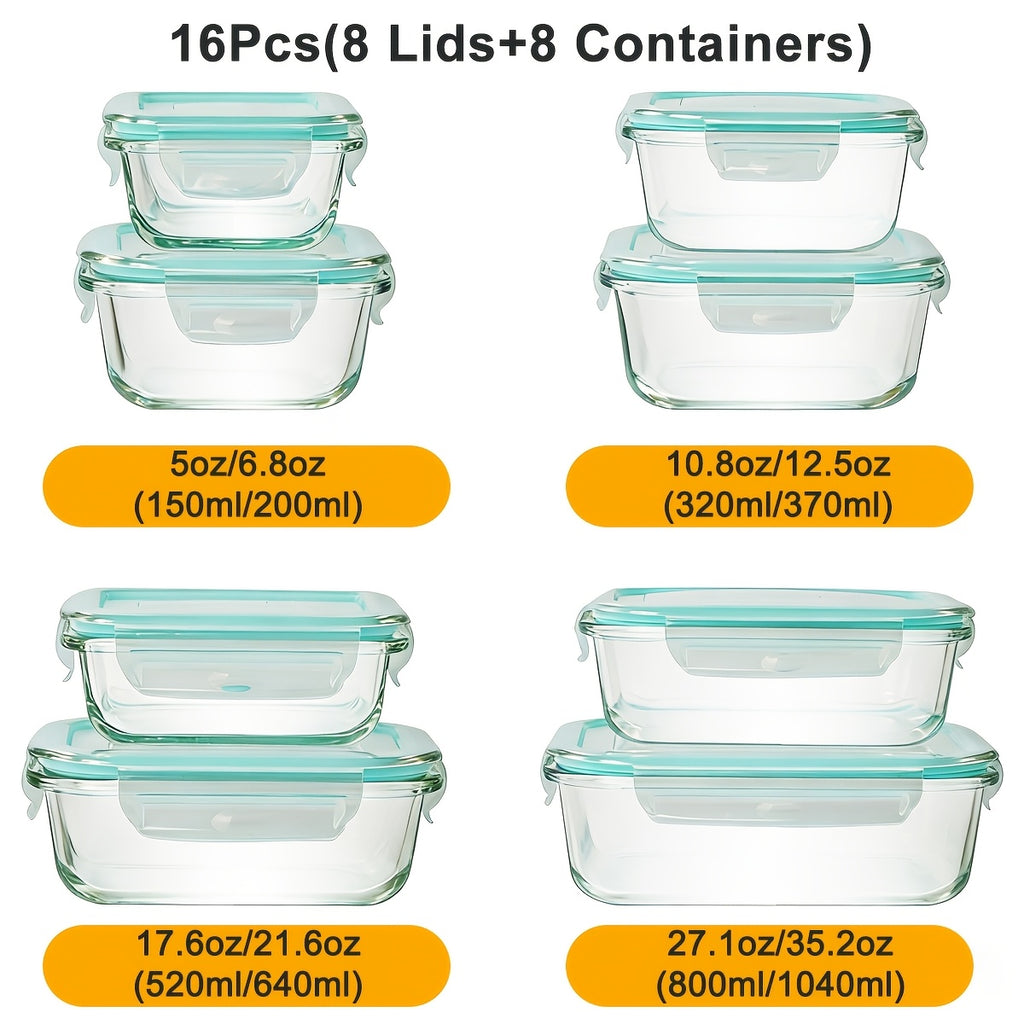 16pcs Sealed Glass Food Storage Containers, Lunch Boxes, Microwave Ovens, Ovens - Perfect For Salads, Fruits, Vegetables, And Sandwiches, Lunch Boxes | Sealed Storage | Durable Glass, Food Storage Containers (8 Lids+8 Containers)