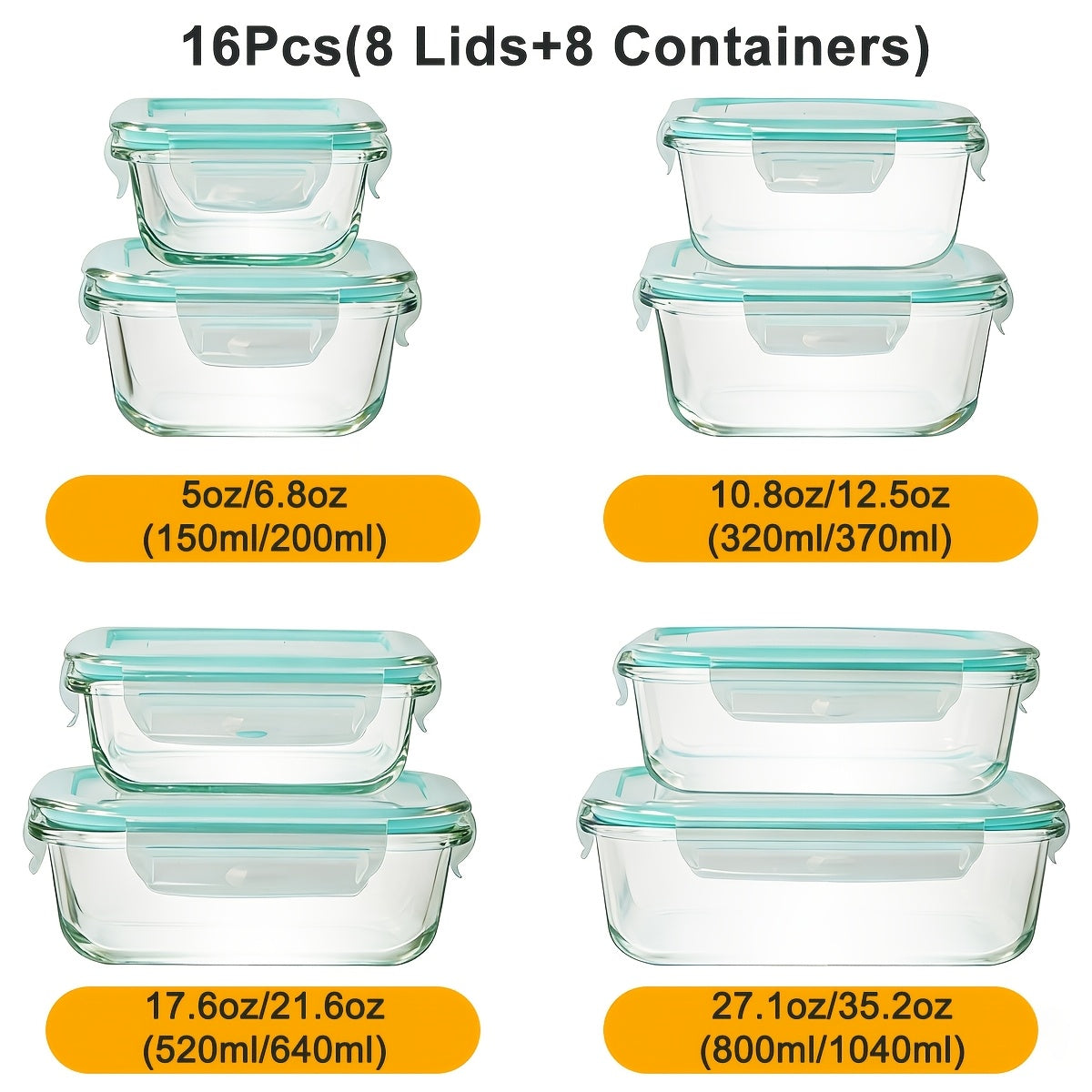 16pcs Sealed Glass Food Storage Containers, Lunch Boxes, Microwave Ovens, Ovens - Perfect For Salads, Fruits, Vegetables, And Sandwiches, Lunch Boxes | Sealed Storage | Durable Glass, Food Storage Containers (8 Lids+8 Containers)