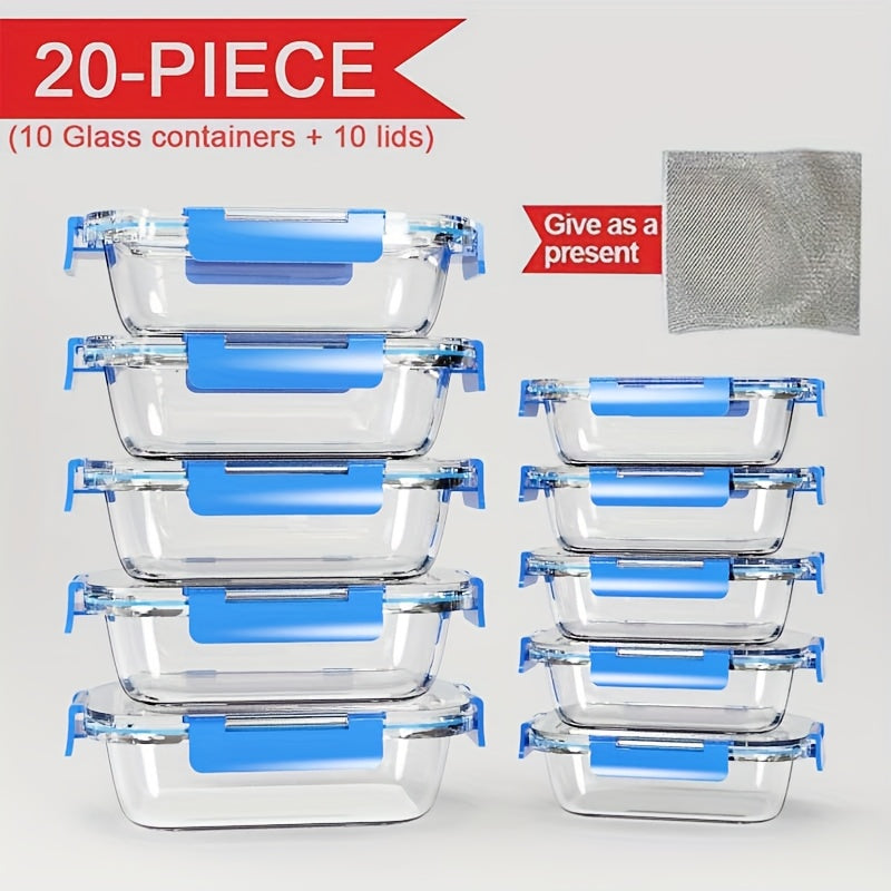 Stackable 20pcs Glass Food Container (10 Lids + 10 Containers) - Multi-purpose Meal Prep And Pantry. with Airtight Lids, Oven, Microwave, Refrigerator And Dishwasher Safe. Durable, Space-saving Design Improves Heating Efficiency And Organization.