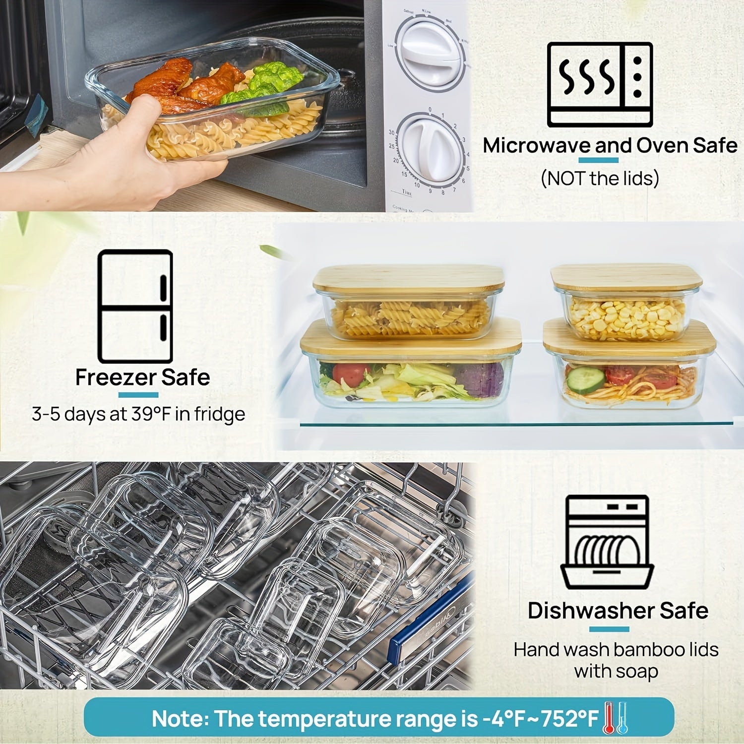 4pcs BPA-Free Glass Food Storage Containers with Bamboo Lids – Microwave, Oven, Freezer & Dishwasher Safe, Stackable for Space-Saving Kitchen Organization, Perfect for Meal Prep, Bento, and Leftovers, Food Storage Organizer