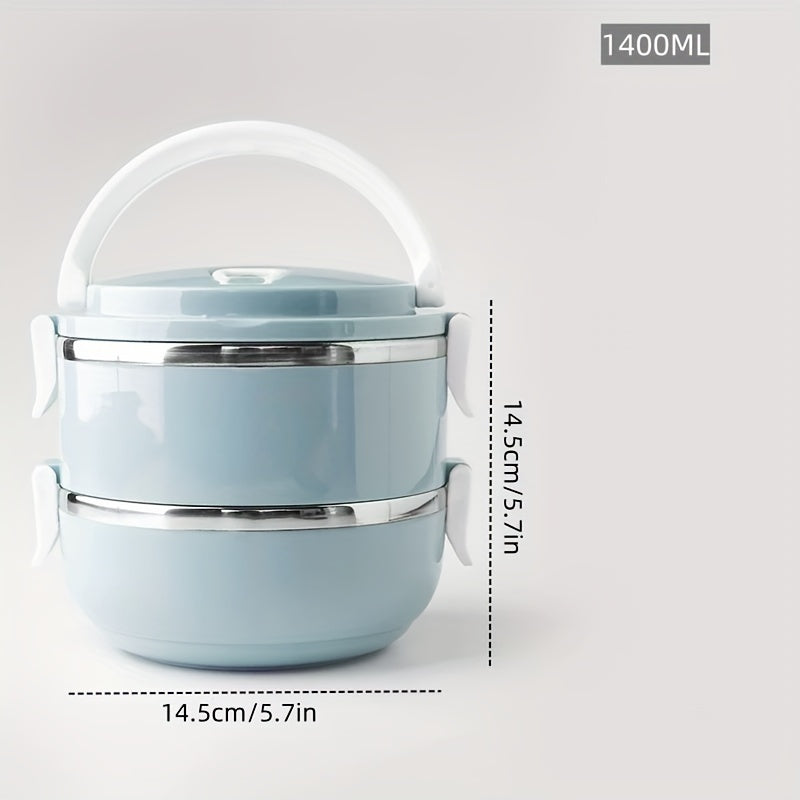 Set of Lunch Boxes Made of Stainless Steel - Class 1 Insulated Bento Container with a Lid, Designed for Hand Washing, Cylindrical Shape, Manually Operated, Ideal for Use at The Office, School, Camping, Picnics, Or in a Kitchen Locker (47.34oz)
