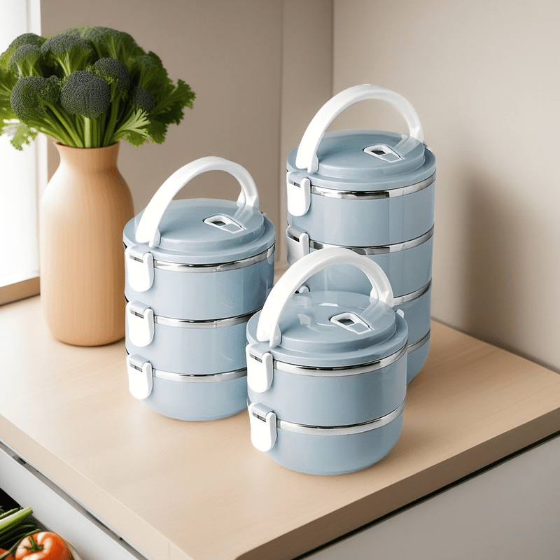Set of Lunch Boxes Made of Stainless Steel - Class 1 Insulated Bento Container with a Lid, Designed for Hand Washing, Cylindrical Shape, Manually Operated, Ideal for Use at The Office, School, Camping, Picnics, Or in a Kitchen Locker (47.34oz)