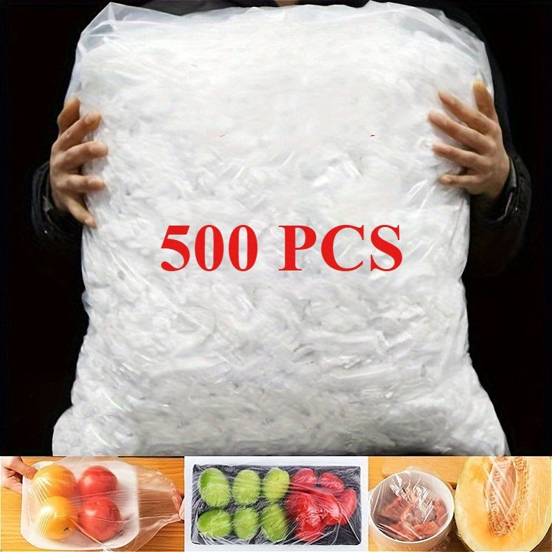 500pcs Reusable Thickened Elastic Food Grade Plastic Wrap - Tight Household Fresh Keeper, Transparent Stretchable Plastic Dish Sealing Cover for Kitchen and Restaurant