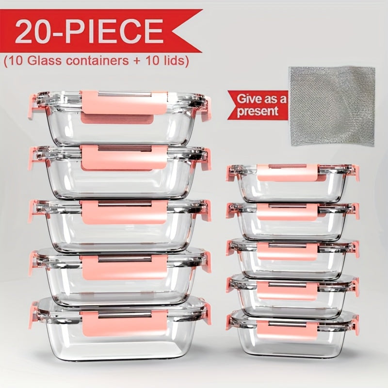 Stackable 20pcs Glass Food Container (10 Lids + 10 Containers) - Multi-purpose Meal Prep And Pantry. with Airtight Lids, Oven, Microwave, Refrigerator And Dishwasher Safe. Durable, Space-saving Design Improves Heating Efficiency And Organization.