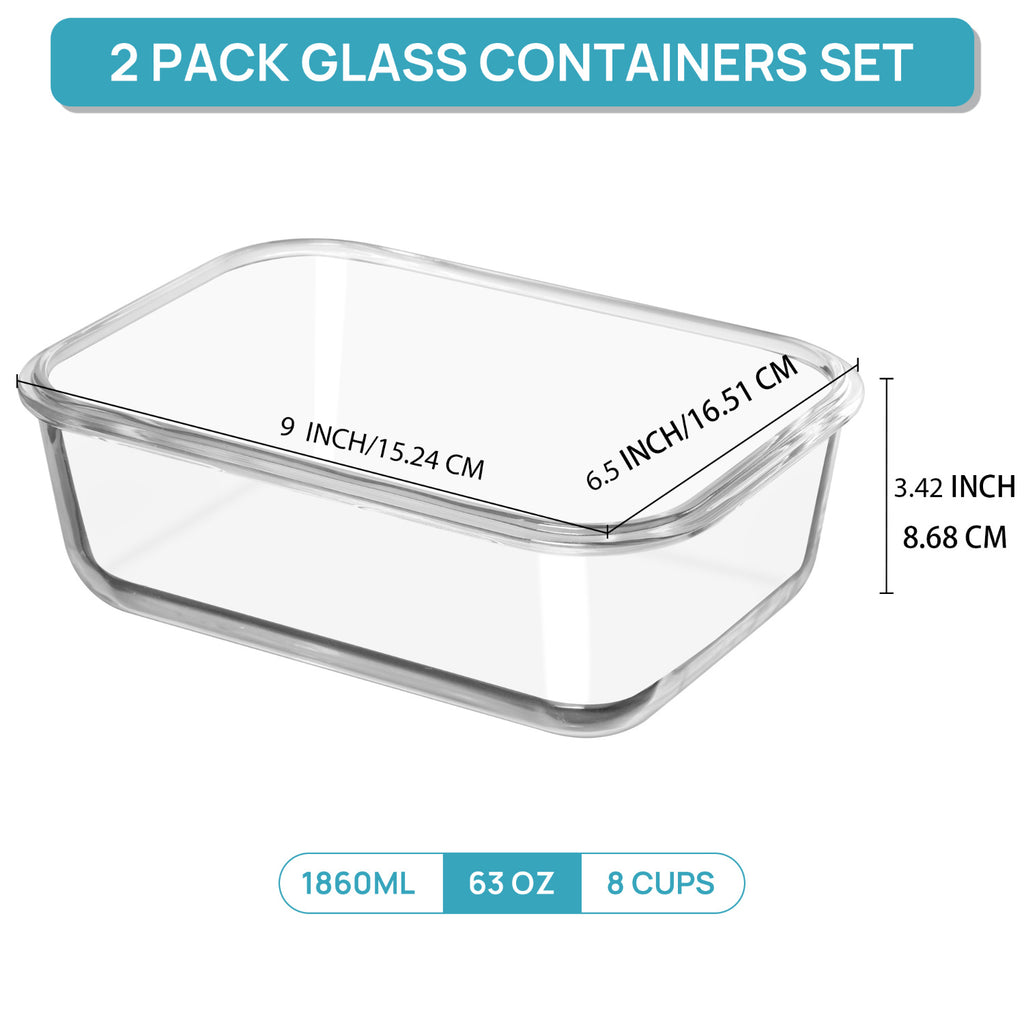 2Pack 1860ml\u002F 63oz Large Glass Storage Containers With Lids, Baking Container With Snap Airtight Lids For Microwave, Oven, Meal Prep Food Container Set, Leak Proof, For Freezer, Dishwasher