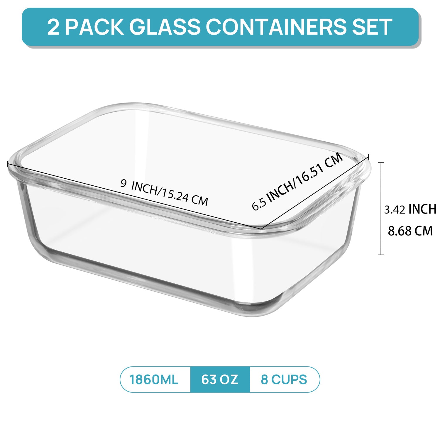 2Pack 1860ml\u002F 63oz Large Glass Storage Containers With Lids, Baking Container With Snap Airtight Lids For Microwave, Oven, Meal Prep Food Container Set, Leak Proof, For Freezer, Dishwasher