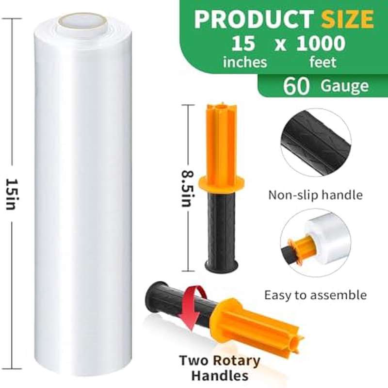 Stretch Film, Stretch Wrap with Handles Industrial Strength, Moving Wrapping Plastic Roll, Shrink Wrap for Pallet Wrap, 15 x 1000 Feet, 3 Pack, 60 Gauge