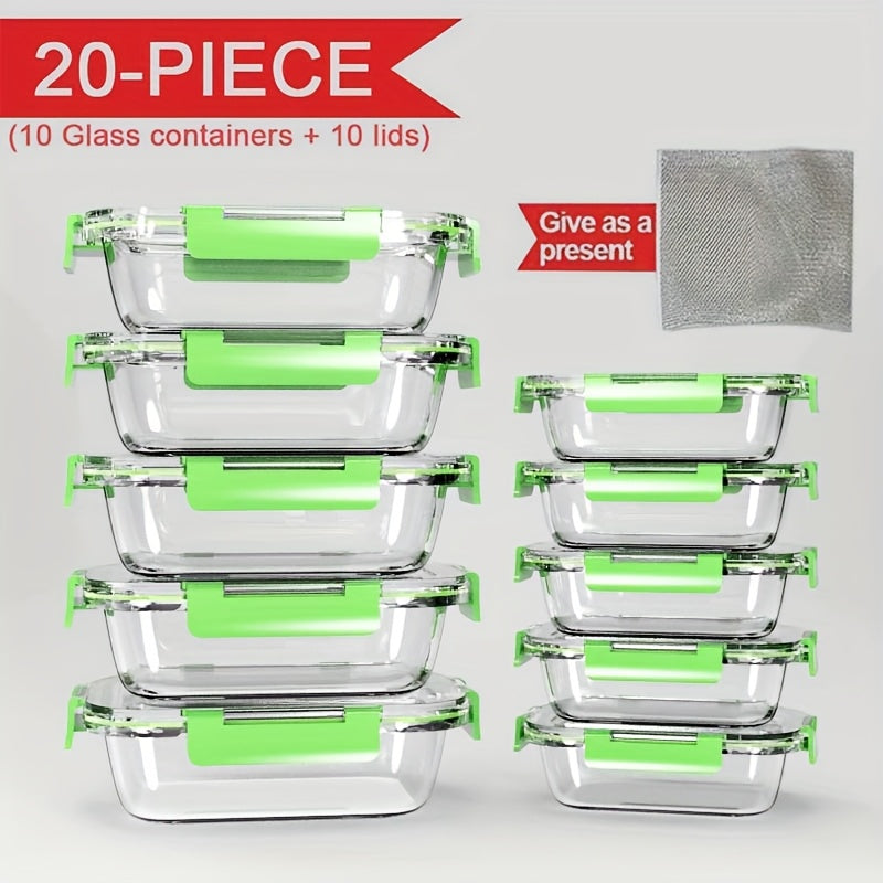 Stackable 20pcs Glass Food Container (10 Lids + 10 Containers) - Multi-purpose Meal Prep And Pantry. with Airtight Lids, Oven, Microwave, Refrigerator And Dishwasher Safe. Durable, Space-saving Design Improves Heating Efficiency And Organization.