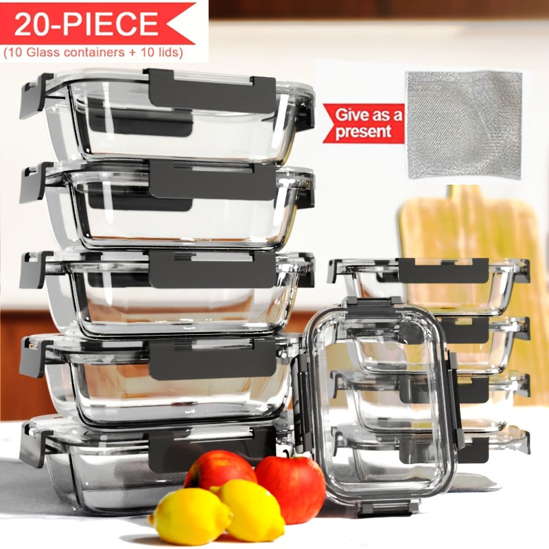Stackable 20pcs Glass Food Container (10 Lids + 10 Containers) - Multi-purpose Meal Prep And Pantry. with Airtight Lids, Oven, Microwave, Refrigerator And Dishwasher Safe. Durable, Space-saving Design Improves Heating Efficiency And Organization.