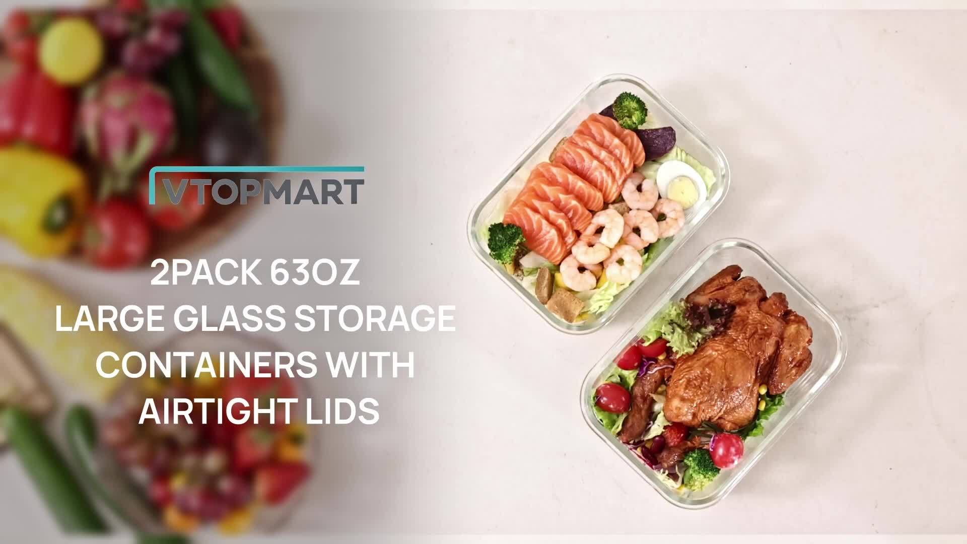 2Pack 1860ml\u002F 63oz Large Glass Storage Containers With Lids, Baking Container With Snap Airtight Lids For Microwave, Oven, Meal Prep Food Container Set, Leak Proof, For Freezer, Dishwasher
